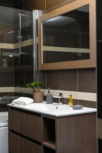 a bathroom with a sink and a mirror at Apollon Hotel in Tolo