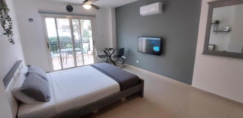 a bedroom with a bed and a tv and a window at Modern Studio apartment Armonia Court in Paralimni
