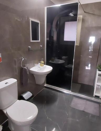 a bathroom with a toilet and a sink and a shower at Modern Studio apartment Armonia Court in Paralimni