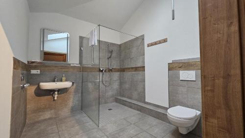 a bathroom with a shower and a toilet and a sink at Endorfer Stubn in Bad Endorf
