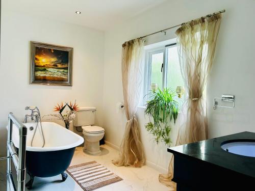 a bathroom with a tub and a toilet and a sink at Hadrian House in East Preston