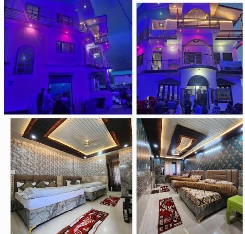 a collage of pictures of a house with purple lights at Hotel Khetan Residency Yamunotri Dham in Kharsālī