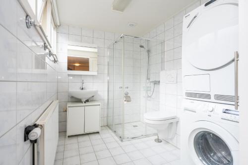 a white bathroom with a sink and a washing machine at Theislandlife 4p Centrum Texel in Den Burg