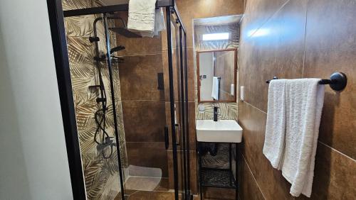 a bathroom with a shower and a sink at Konak 83 in Nicosia