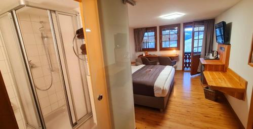 a hotel room with a bed and a shower at Gästehaus Holzer Kreuz - Gästezimmer Veilchen für 2 Personen inkl Landfrühstück in Fröhnd