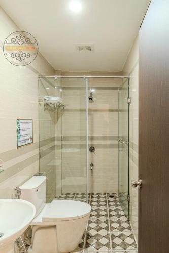 a bathroom with a shower and a toilet and a sink at Sao Việt Nam Hotel in Ho Chi Minh City