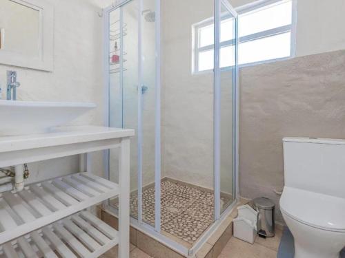 a bathroom with a shower and a toilet and a sink at Kusweg Oos 1 in Struisbaai