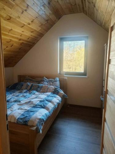 a bedroom with a bed and a window at Zakątek Sądrecko in Rząśnik