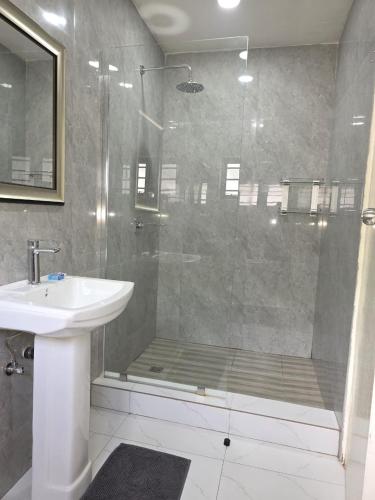 a bathroom with a shower and a sink at DailyPunch Apartment in Kitwe