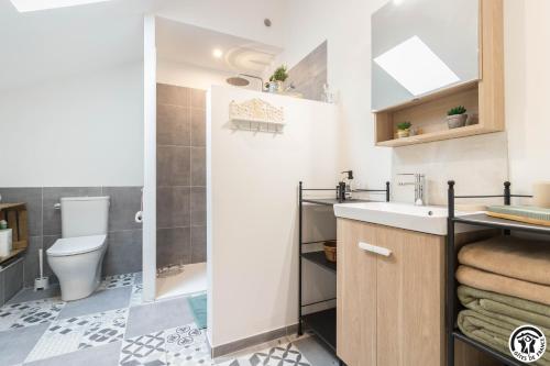 a bathroom with a toilet and a sink at Les Volets Bleus in Pointis-Inard