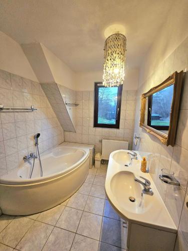 a bathroom with a tub and a sink at Selker Noor Apartments - 1,4 ha Naturpark, privater Terrasse, Bachlauf an der Selker Wassermühle in Schleswig