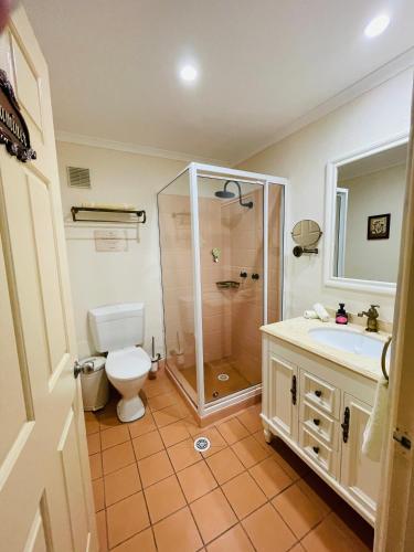 a bathroom with a shower and a toilet and a sink at Villa Provence Estate in Pokolbin