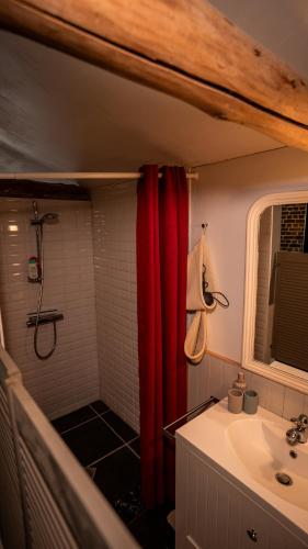 a bathroom with a red shower curtain and a sink at B&B Hoeve Westdijk in Oostkamp