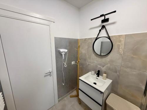 a bathroom with a sink and a mirror and a shower at visitor's house 5 in Rădăuţi