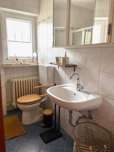 a bathroom with a sink and a toilet at Voll ausgestattete, helle Ferienwohnung auf 80 qm in Wutöschingen
