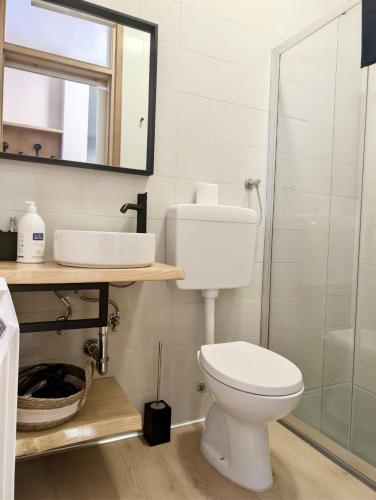 a bathroom with a toilet and a sink and a shower at Bosco Verde in Tarvisio