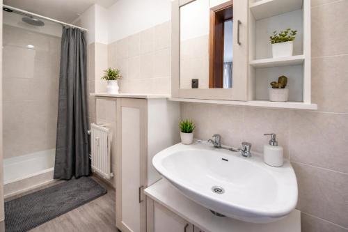 a white bathroom with a sink and a shower at Le Studio by La Reine City Center in Spa