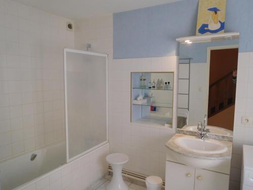 a bathroom with a sink and a toilet and a shower at Gîte simone de beauvoir in Châteauvillain