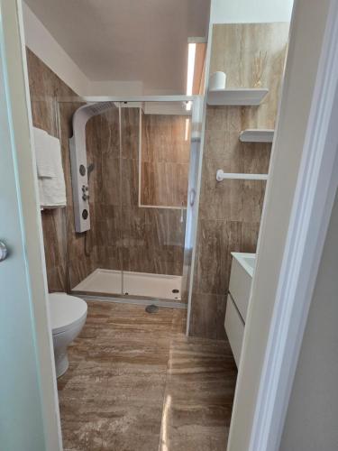 a bathroom with a shower and a toilet at Mãe Maria House Guest House in Vila Chã