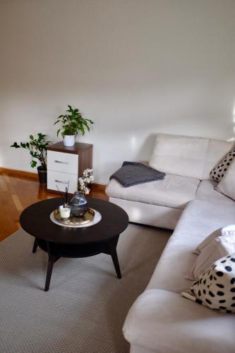 a living room with a couch and a coffee table at Apartman Spanish Square in Mostar