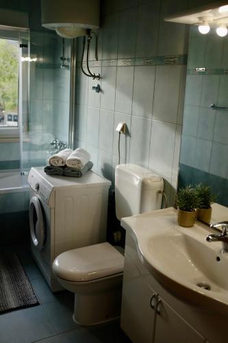 a bathroom with a toilet and a sink at Apartman Spanish Square in Mostar