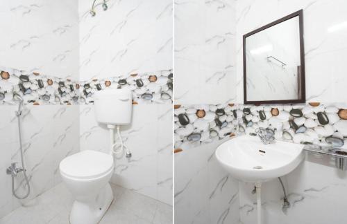 two pictures of a bathroom with a toilet and a sink at Hotel Vijai Square in Prayagraj