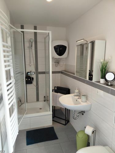 ein Badezimmer mit Dusche und Waschbecken in der Unterkunft Doppelappartement CityImmo in Gotha