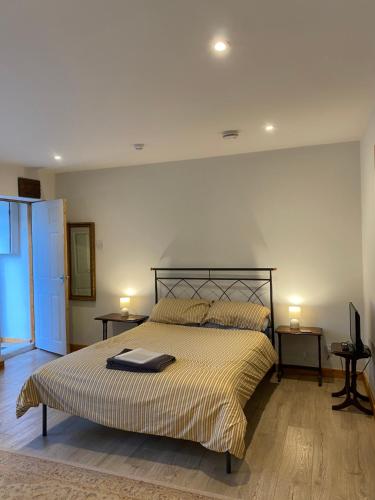 a bedroom with a bed and two lamps and a television at The Cellar on Hornby in Morecambe