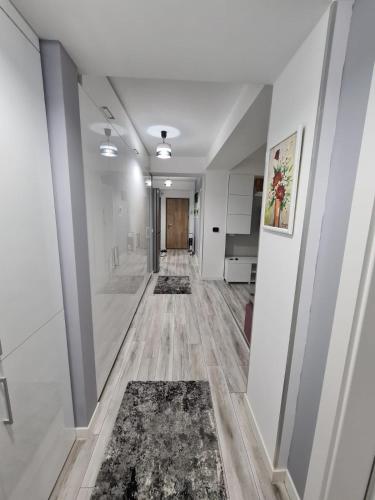 a hallway with rugs on the floor and white walls at Romanescu Park Apartament in Craiova