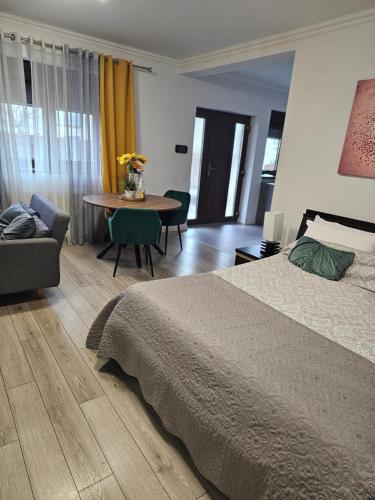 ein Schlafzimmer mit einem Bett, einem Tisch und einer Couch in der Unterkunft Concept Urban in Mediaş