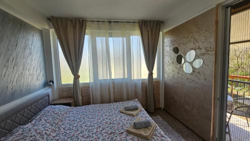 a bedroom with a bed and a large window at Apartmani Eli SA DVORIŠTEM in Veliko Gradište