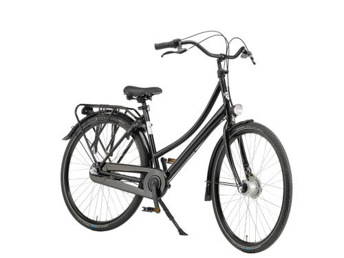 a black bike parked on a kick stand at Wikkelboats at Wijnhaven in Rotterdam