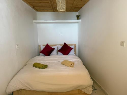 a bed in a small room with two pillows on it at Adar surf house in Taghazout