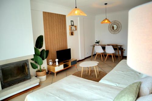 a living room with a couch and a fireplace at Gare Do Sol Free Parking and Smart TV in Aveiro
