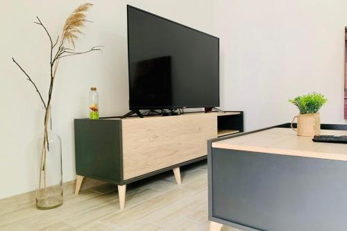 a living room with a flat screen tv on a entertainment center at Cognac Gare Classé 3 in Cognac