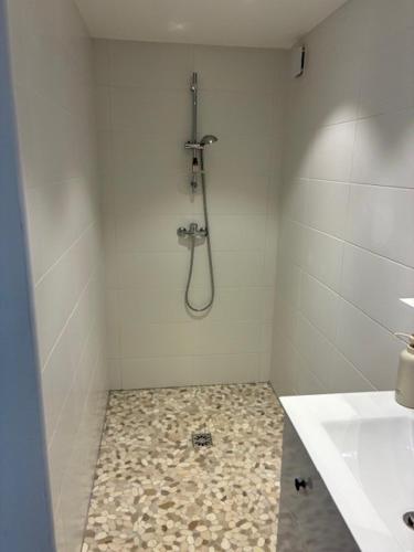 a bathroom with a shower and a tiled floor at Les Mûres in Saint-Lunaire