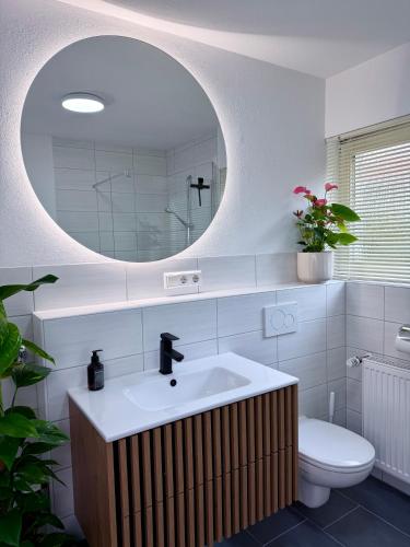 a bathroom with a sink and a toilet and a mirror at Haus 87a Apartment 2 in Oberkirch