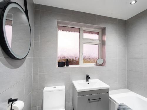a bathroom with a toilet and a sink and a mirror at Modern tyne & wear house in North Tyneside
