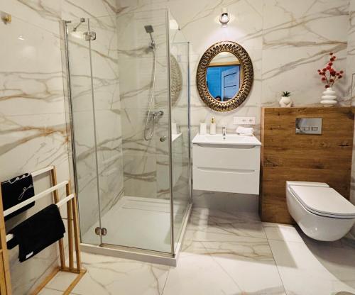 a bathroom with a shower and a toilet and a sink at Lotus Apartments Natura parking balcony in Ostrołęka