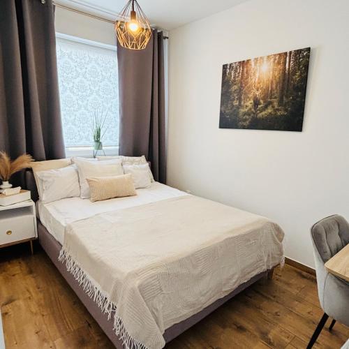 a bedroom with a bed and a window at Lotus Apartments Natura parking balcony in Ostrołęka
