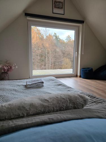 a large window in a bedroom with a large bed at Apartament Graal Roztocza in Rebizanty