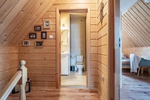 a bathroom with a toilet in a wooden house at Domek Przy Potoku Murzasichle in Murzasichle