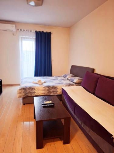 a room with two beds and a couch and a table at Clarissa apartment City Kvart in Podgorica