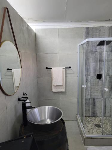 a bathroom with a sink and a glass shower at Dream Big Bougainvillea 2 bedroom cottage in Centurion