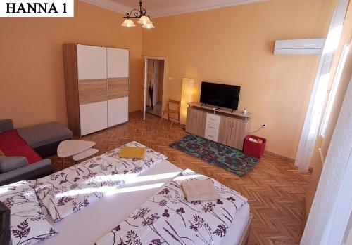 a living room with two beds and a flat screen tv at Hanna Apartman 1-2 in Kőszeg