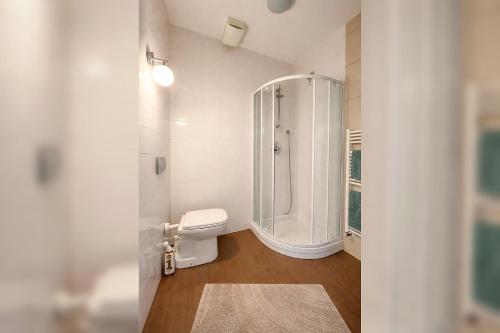 a white bathroom with a shower and a toilet at Acqua & Luce in Meina