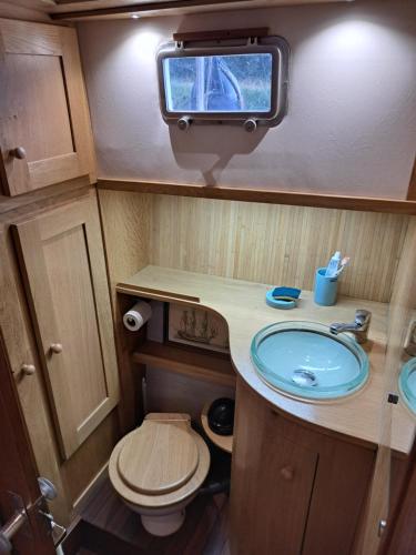 a small bathroom with a sink and a toilet at Bleu soleil in Dieupentale