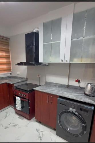 a kitchen with a stove and a washing machine at De Crystal Place in Ikate