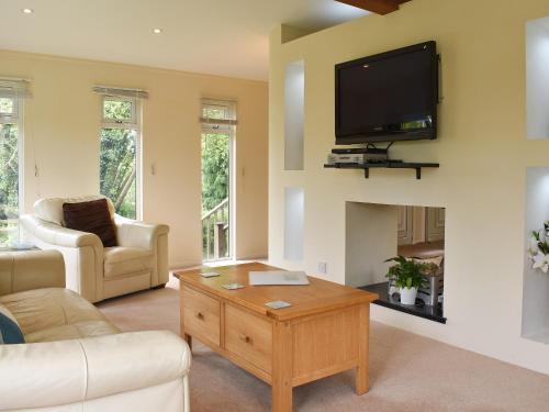 a living room with a flat screen tv on the wall at The Lodge - Uk11271 in Lanreath