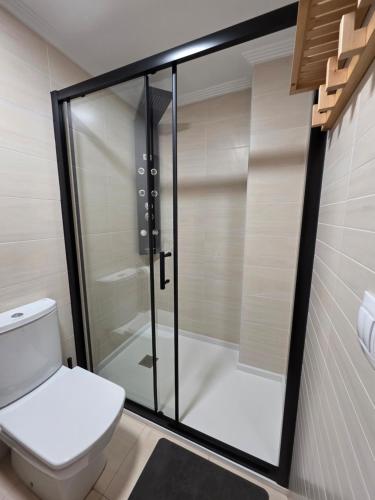 a bathroom with a toilet and a glass shower at Atalaia Apartment Foz in Foz